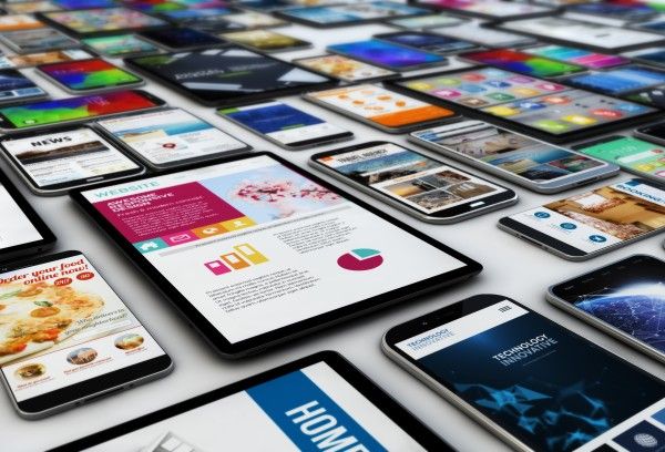 Diverse Handys und Tablets die nebeneinander auf einem Tisch liegen
