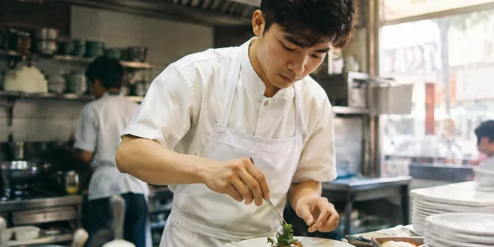 Đầu bếp đang làm việc trong bếp nhà hàng