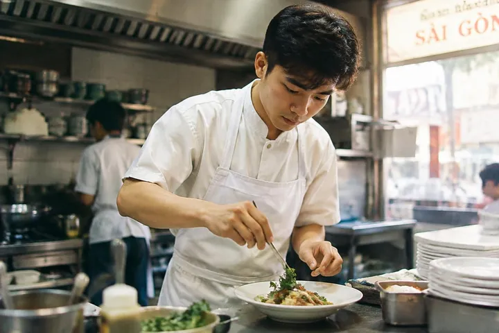 Đầu bếp đang làm việc trong bếp nhà hàng