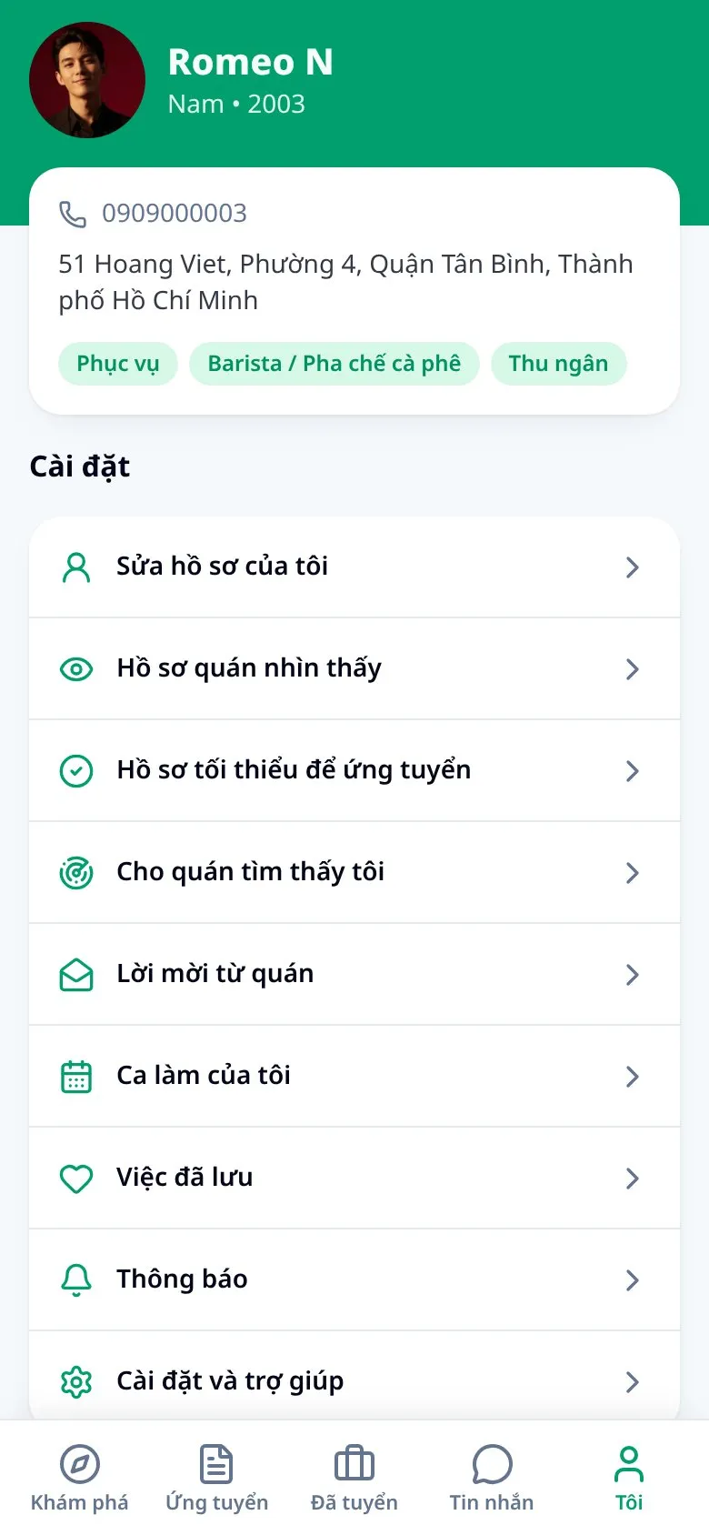Màn hình hồ sơ ứng viên trong ứng dụng Jobbi