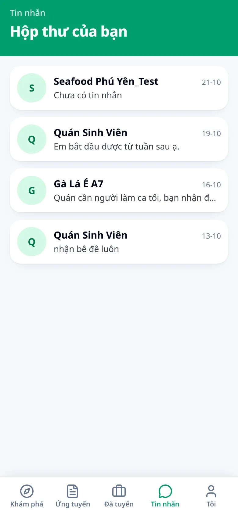 Màn hình tin nhắn trong ứng dụng Jobbi