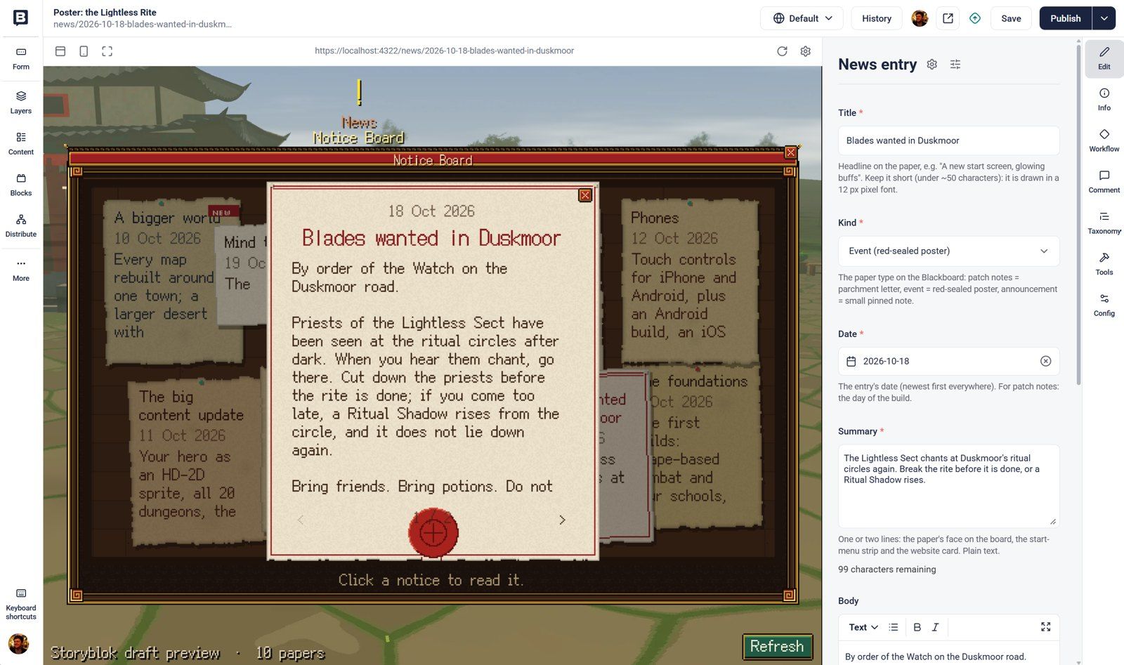 Storyblok's visual editor with the game space: the news entry "Blades wanted in Duskmoor" in the form on the right, with the descriptions that tell an editor what each field does, and the real notice board on the left, running in the browser and showing the entry as its red-sealed poster