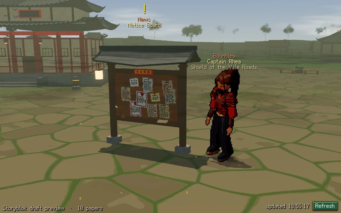 The preview on its own: the baked square of the Vale, the board with live papers, Captain Rhea, the draft status bottom left and the Refresh button bottom right
