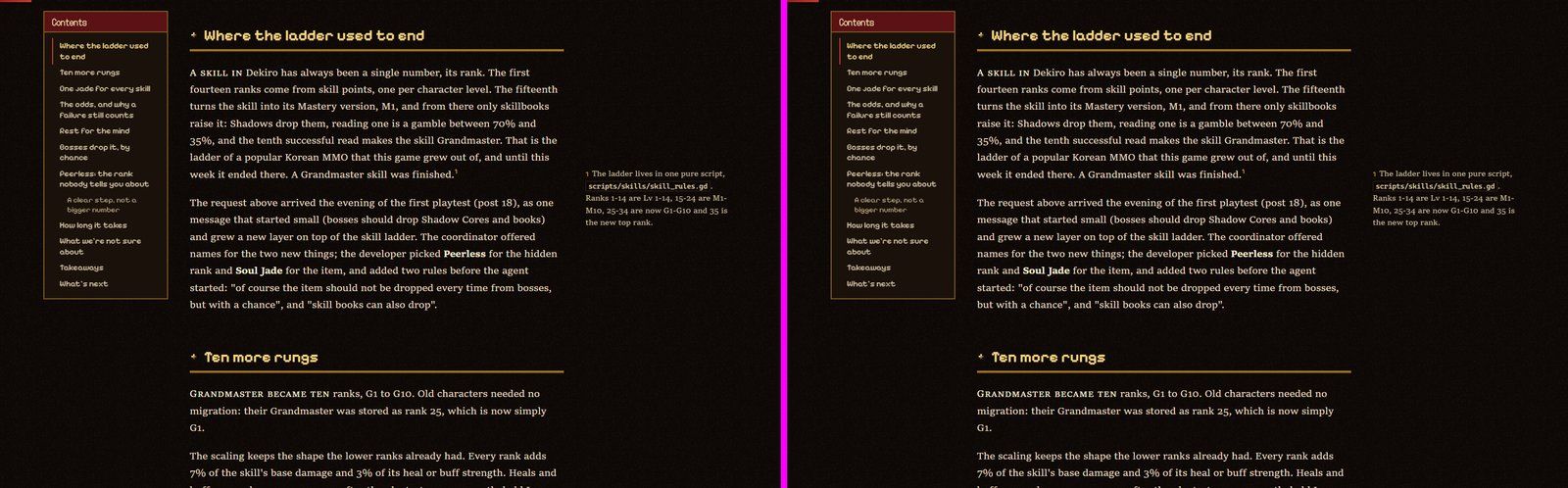 An article with a sidenote, old site (left) and Astro site (right). The note sits beside the line that references it
