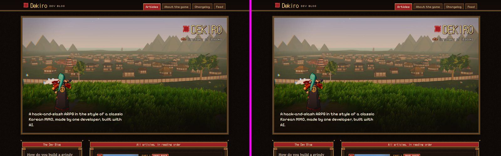 The home page, old site (left) and Astro site (right) at 1440 x 900: the golden-hour key art in its gold frame, the tabs, the first windows