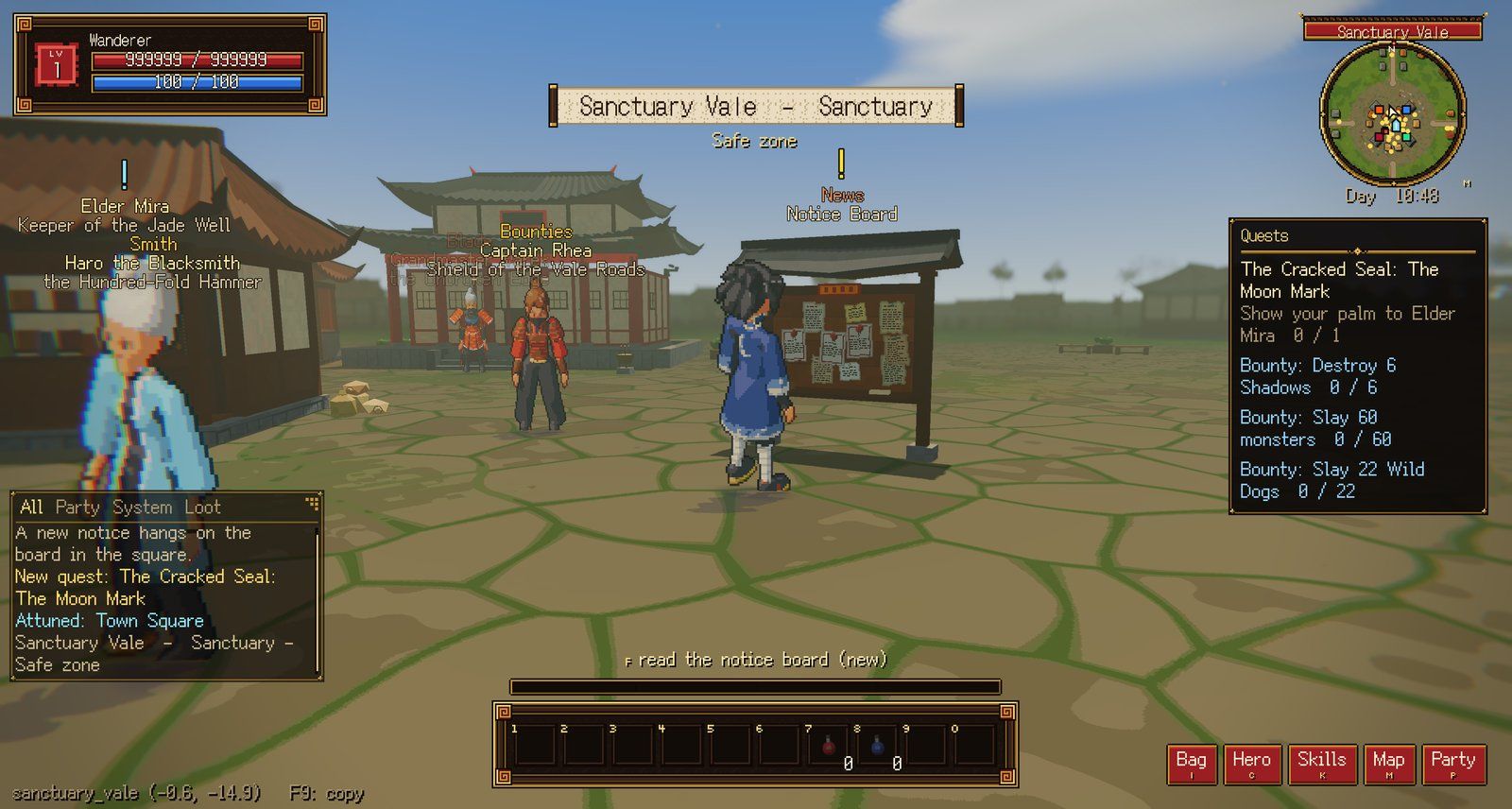 The notice board beside Captain Rhea on the Vale's square, papers pinned to its face, a "!" over it while something is unread, and the chat line that announced it