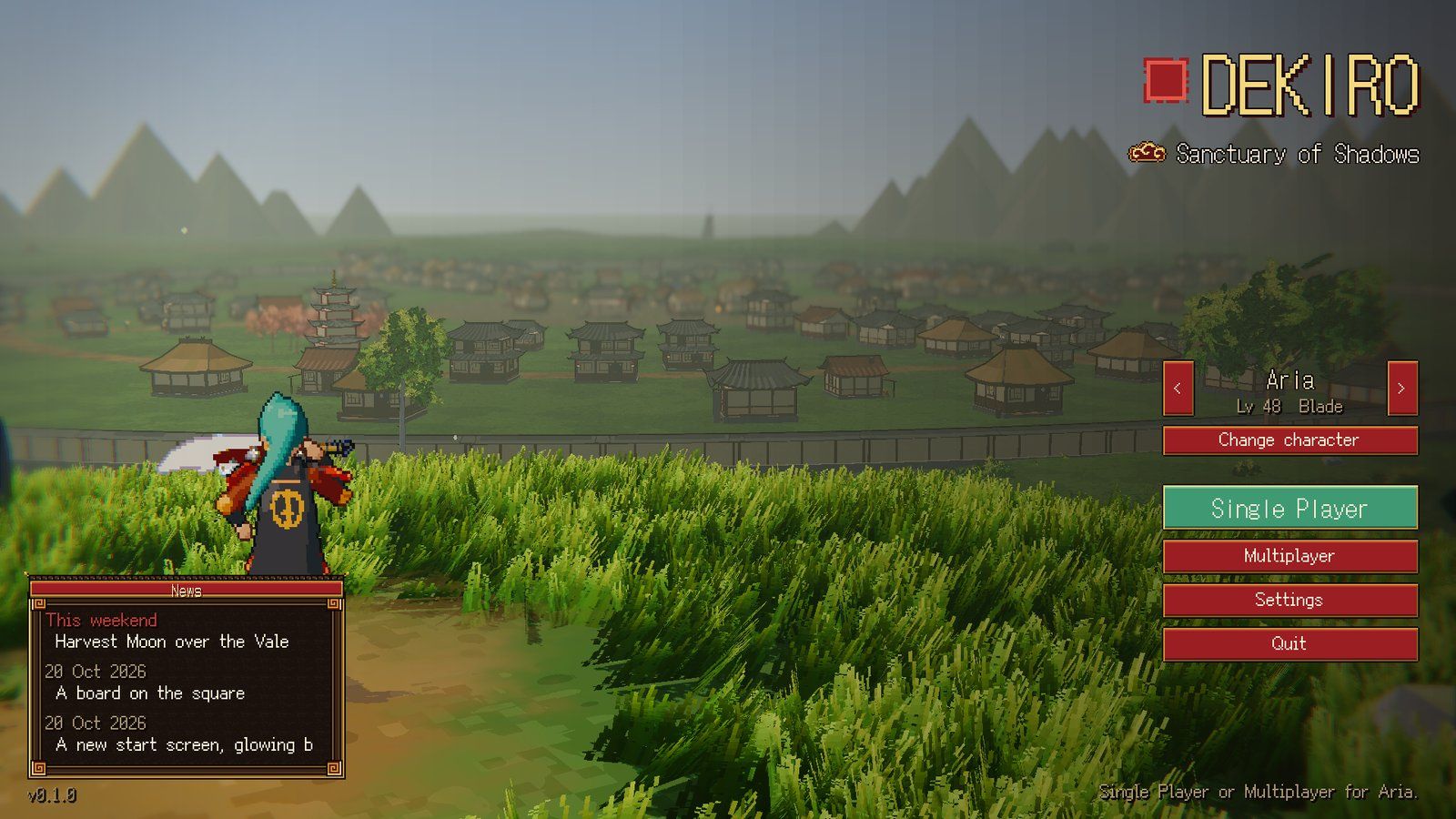 The start screen with the News box in the bottom left: the Harvest Moon poster, an announcement, the newest patch notes. The game's version, v0.1.0, sits under it