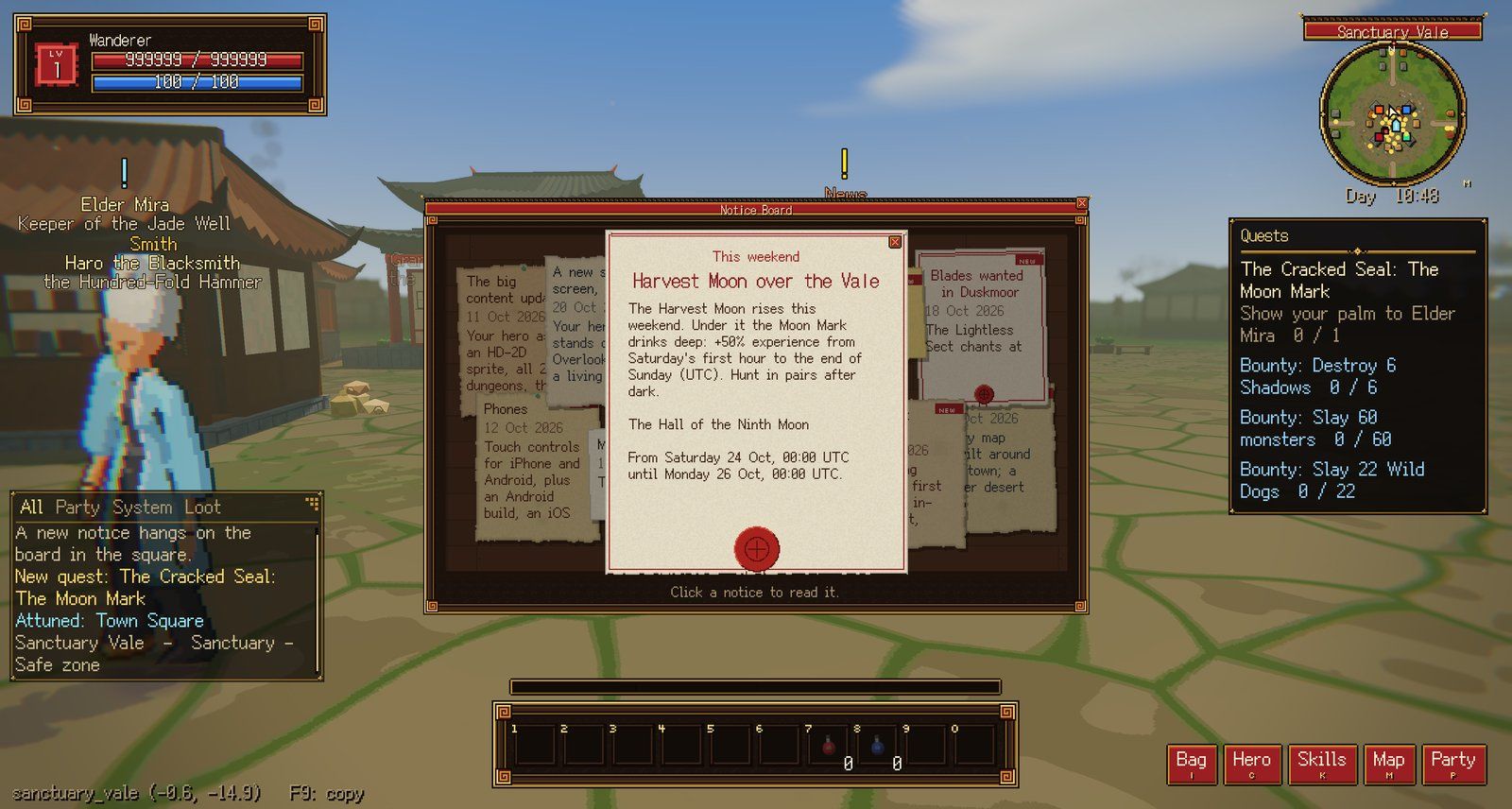 A red-sealed poster opened as a letter: the Harvest Moon this weekend, with the schedule line the game adds from the slot's dates