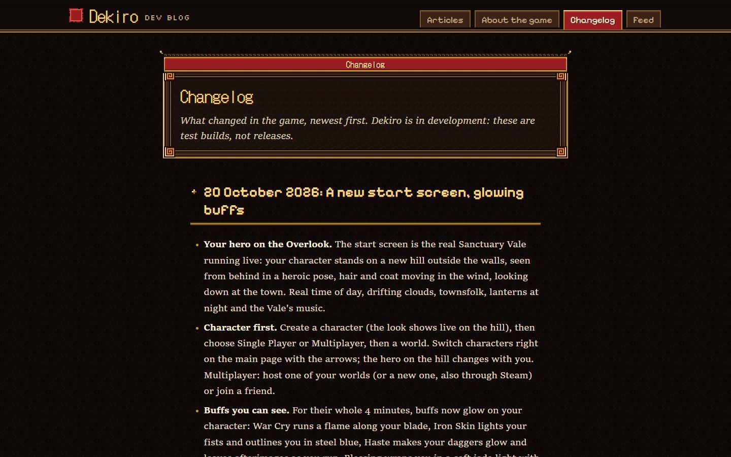 The Changelog page, built from the game space's news entries: the same entries hang on the notice board in the game