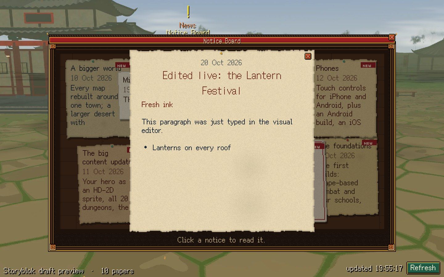 The preview after a live edit: the title, a first line and a list item typed in the editor appear on the open letter before the story is saved; the draft status bottom left, the Refresh button bottom right