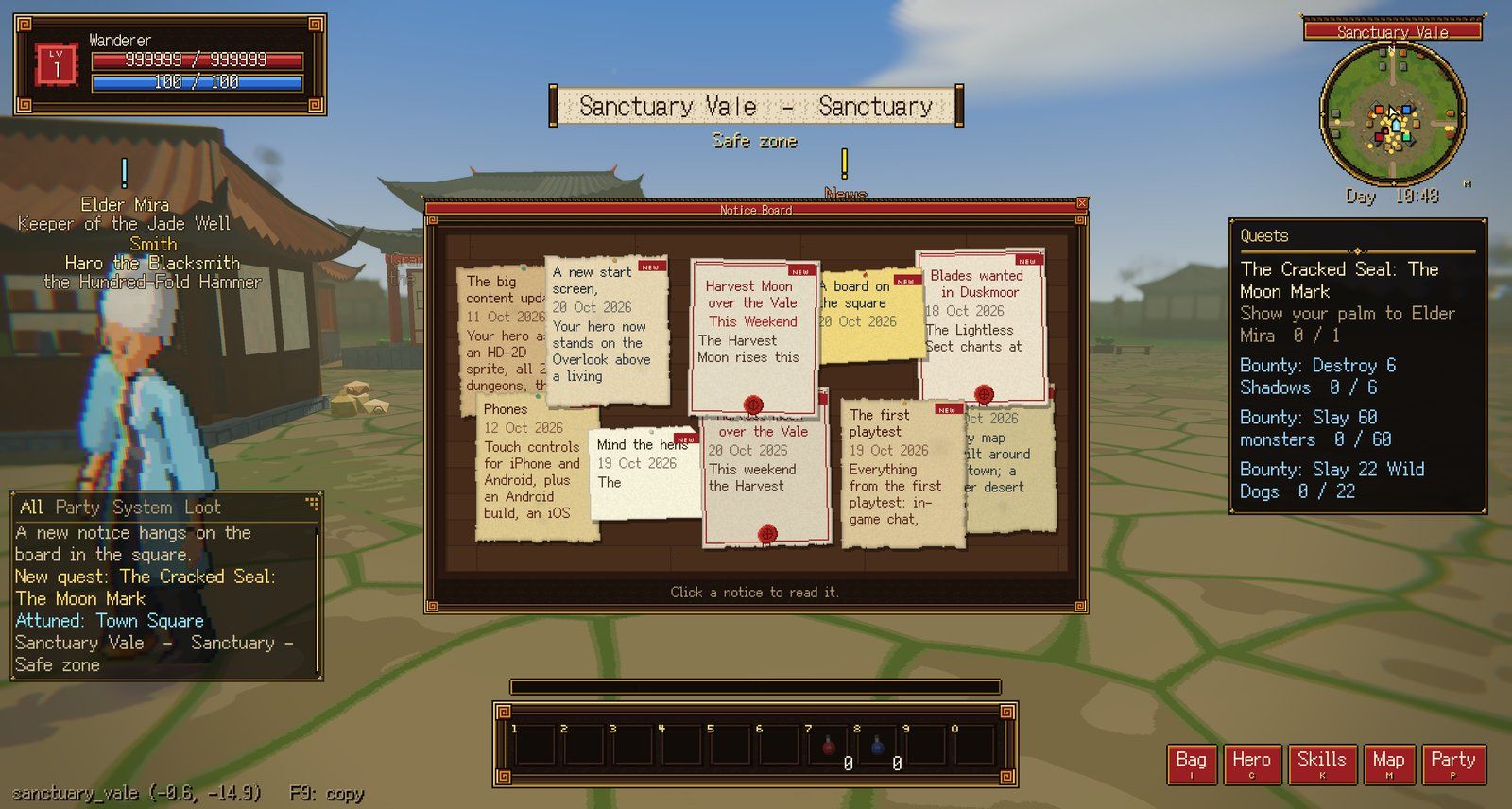 The board window: parchment patch notes, red-sealed event posters and small yellow notes, each with its own tilt, pin and tint, and "NEW" ribbons on the unread ones