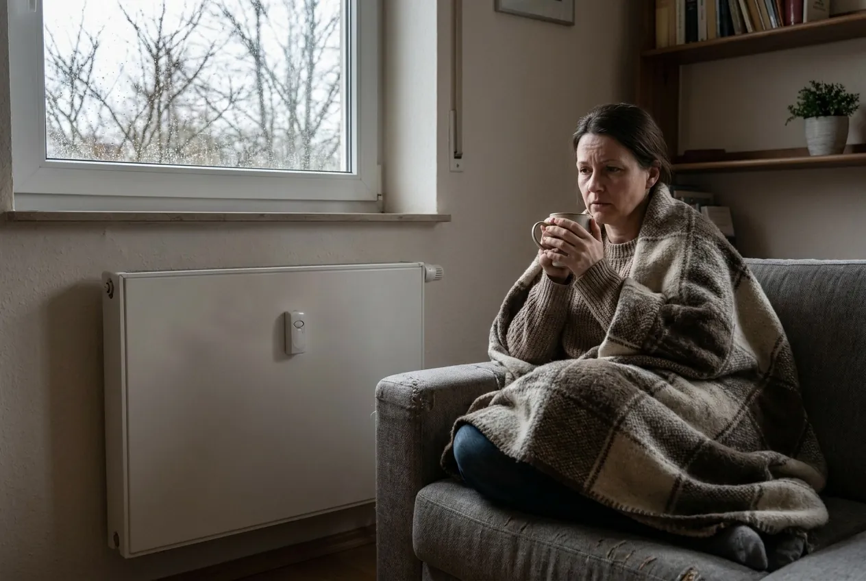 Frau sitzt in eine Wolldecke gewickelt auf dem Sofa, daneben der Heizkörper unter dem Fenster