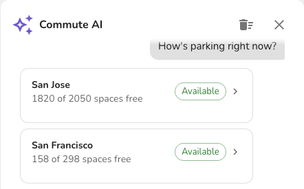 Commute AI answering a parking question with available actions.