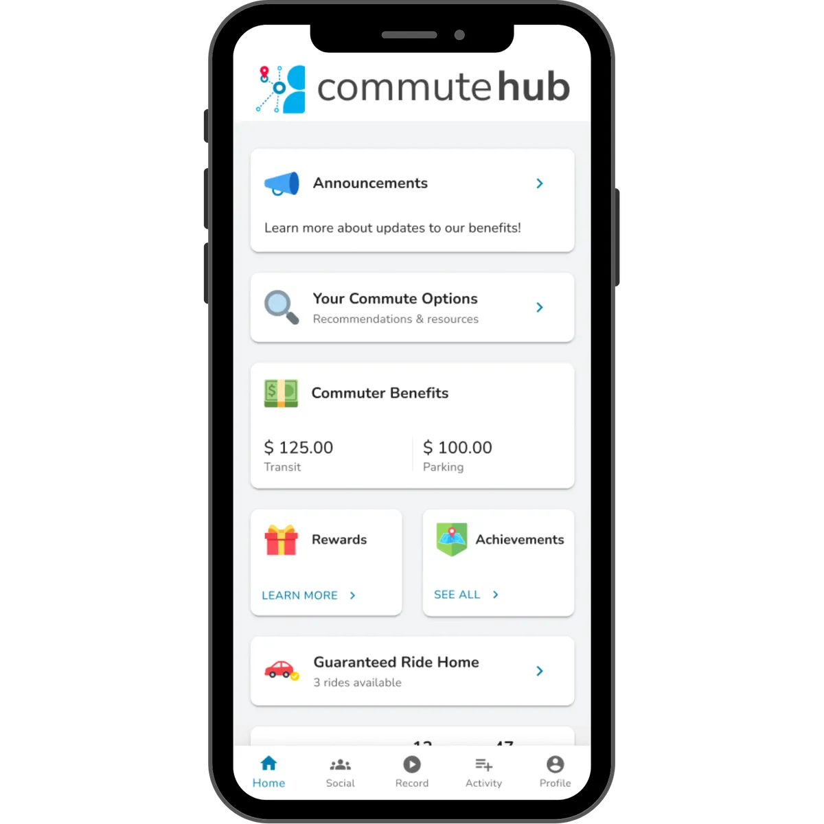 Commute Hub mobile dashboard with transit and parking commuter benefits.