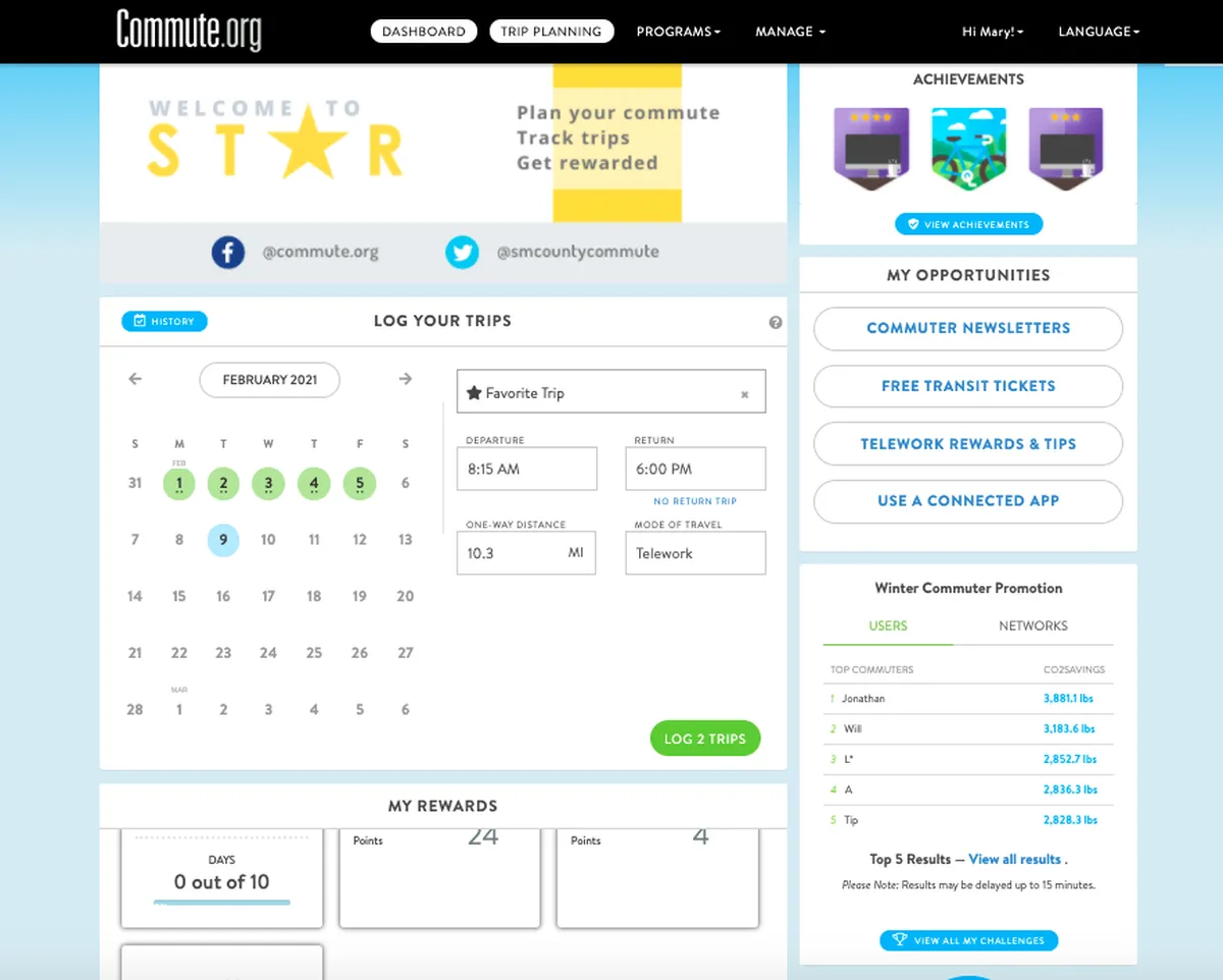 Historical STAR dashboard showing commute logging, program rewards and personal impact.