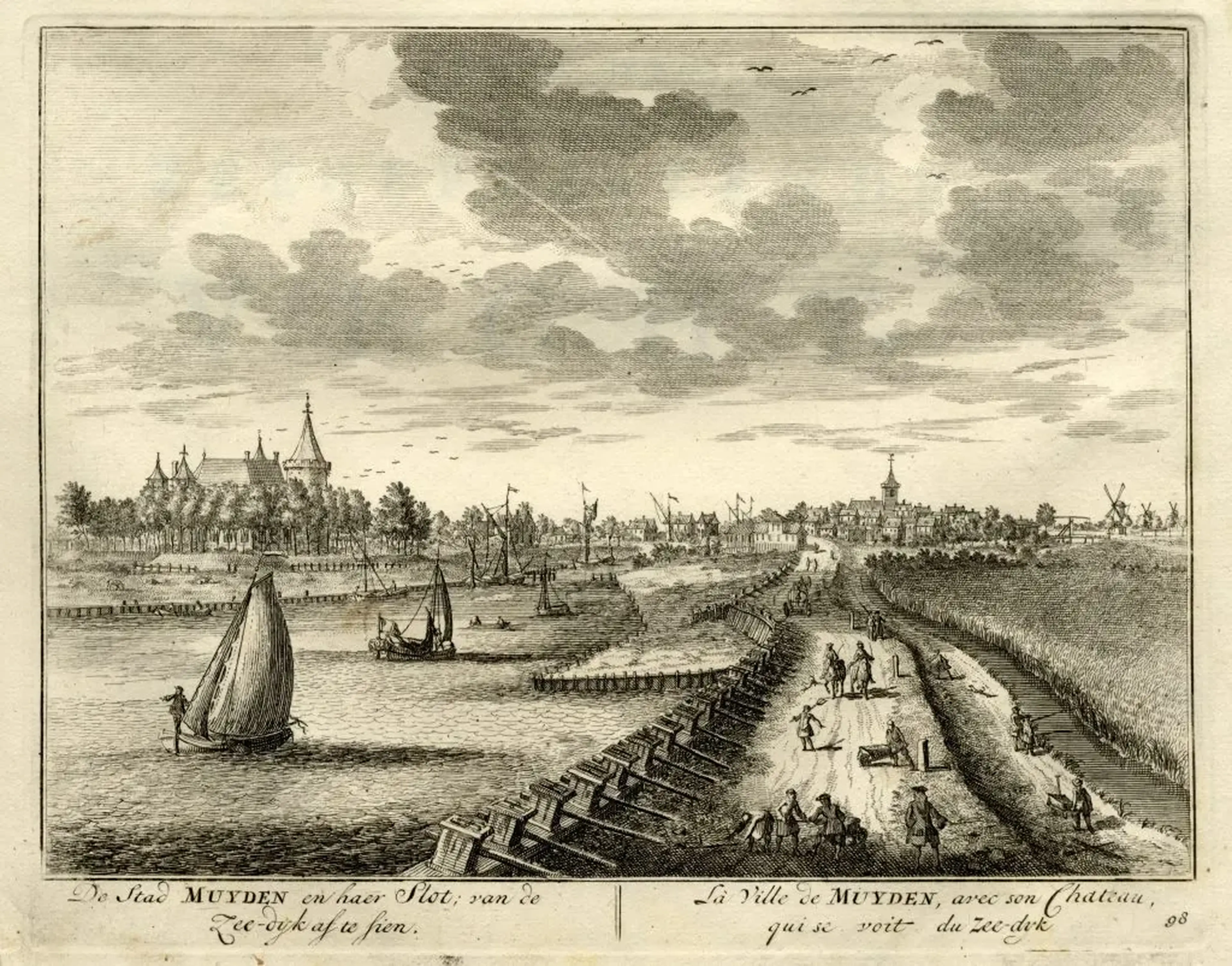 Gezicht op de Vecht uit het noorden met links het Muiderslot en op de achtergrond de stad Muiden