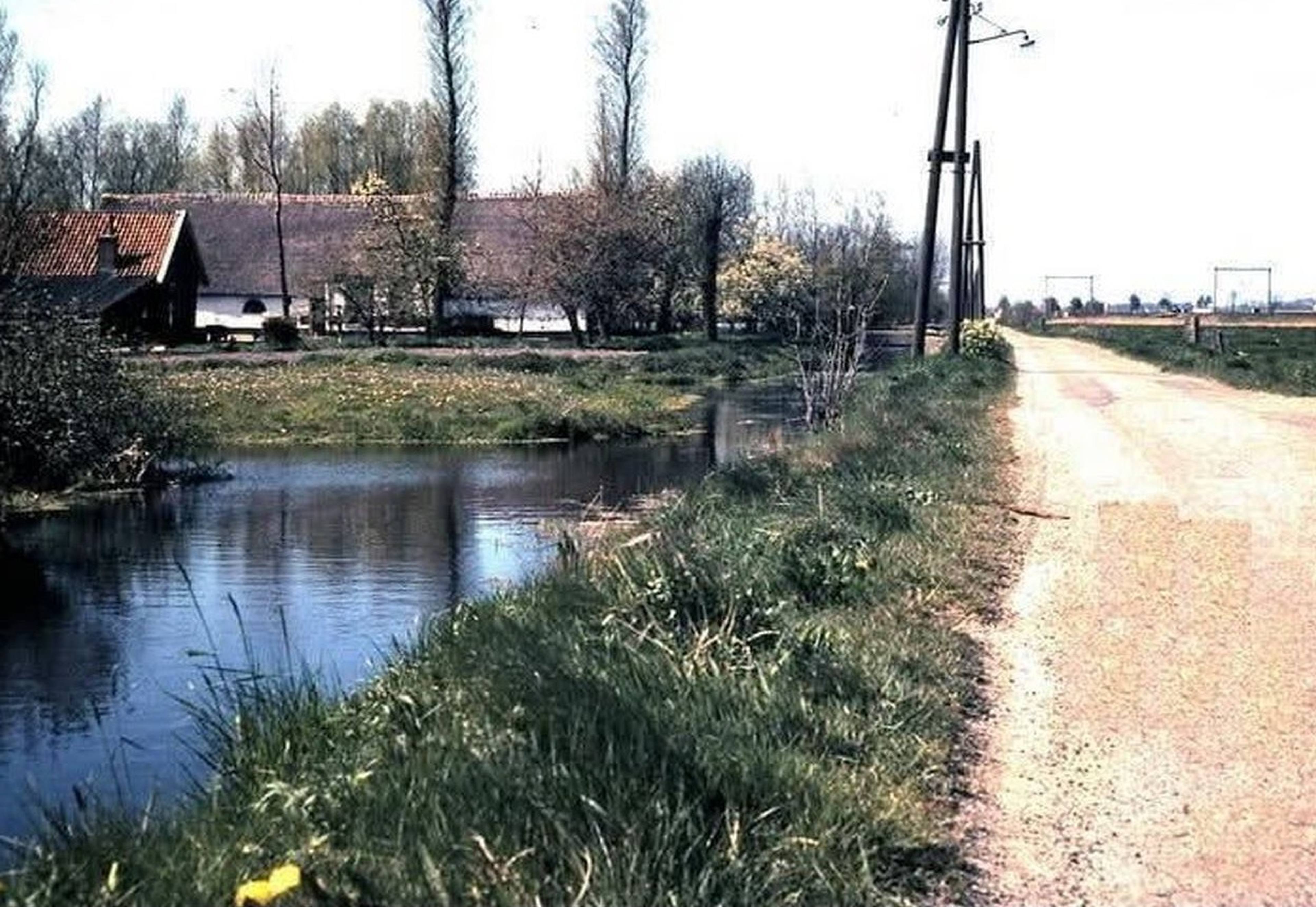 Oude kleurenfoto van een boerderij aan een sloot langs een polderweg in Maarssenbroek