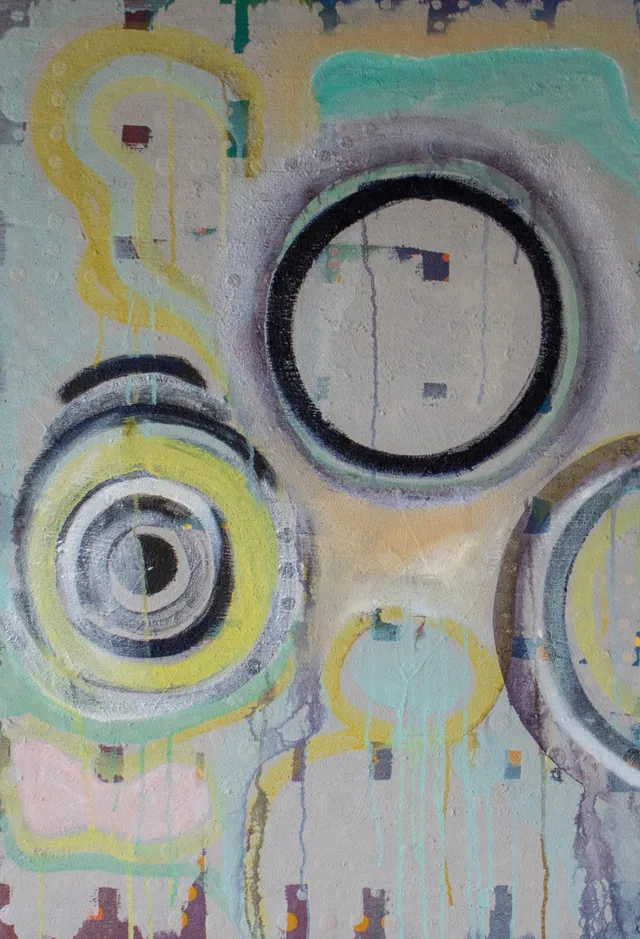 Schilderij van Günther Borst: Cirkels zwart-grijs-geel “Studie”