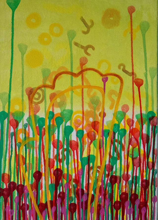 Schilderij van Günther Borst: “Druppelsporen” (xviii) (plantachtig)