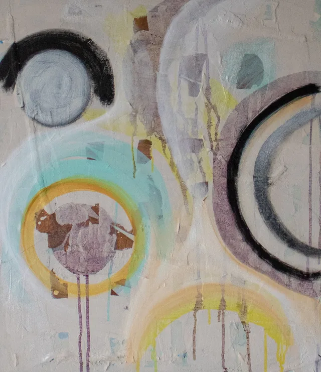 Schilderij van Günther Borst: Cirkels grijs-blauw-geel “Studie”
