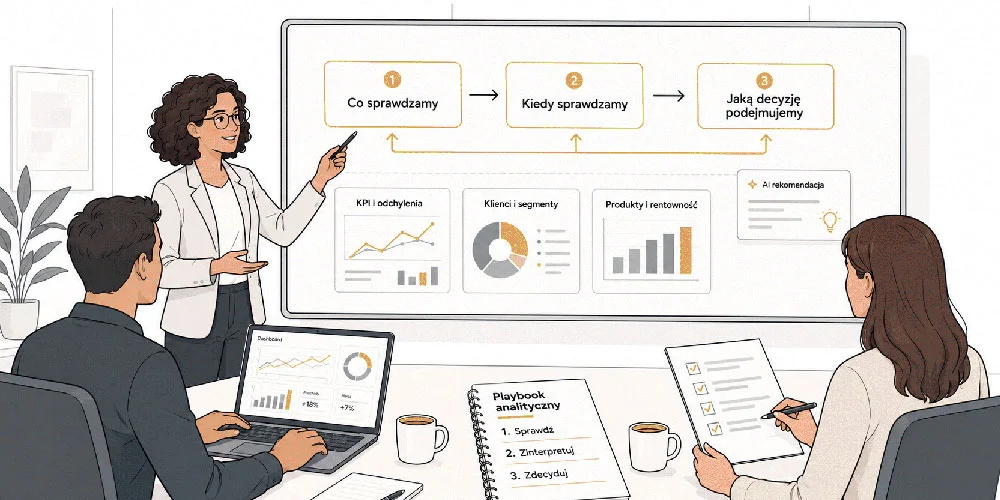 Ilustracja: zespół przy tablicy z playbookiem analitycznym