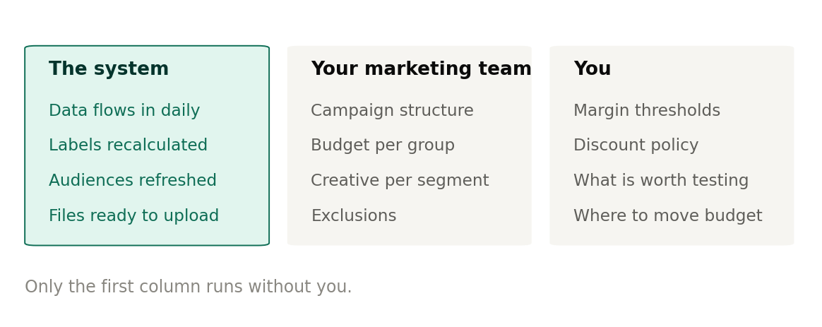 How the work splits between the system, the marketing team, and your decisions