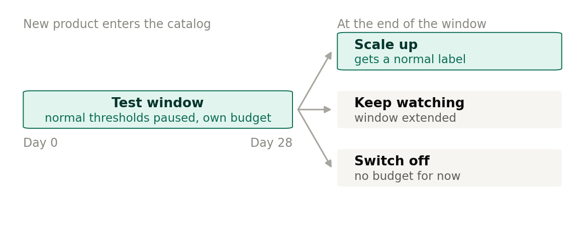 A new product's test window and its three possible outcomes