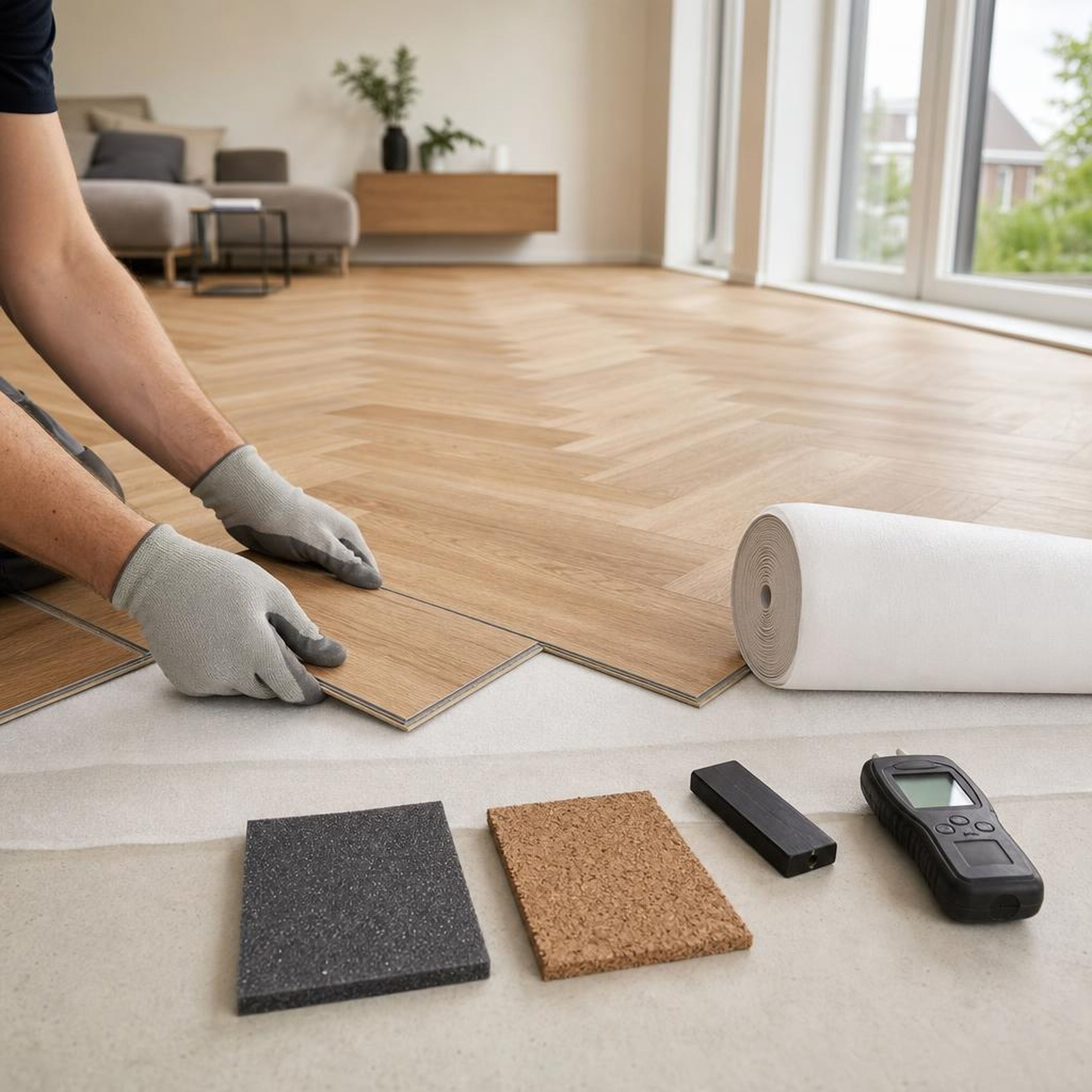 Ondervloer voor klik visgraat PVC bij installatie in woonkamer