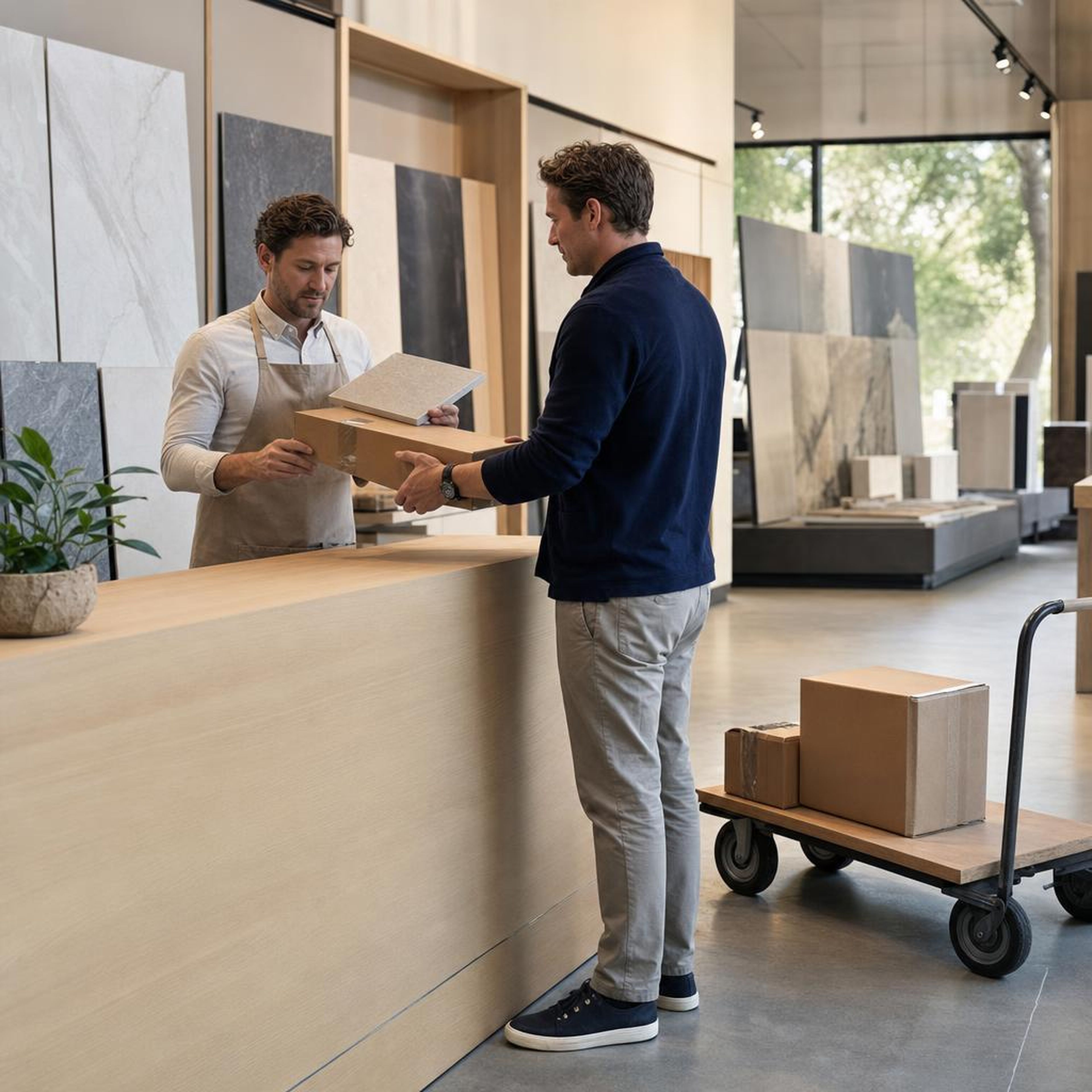 Tegels retourneren in showroom, doos overhandigd voor controle