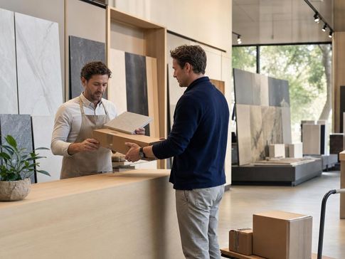 Tegels retourneren in showroom, doos overhandigd voor controle