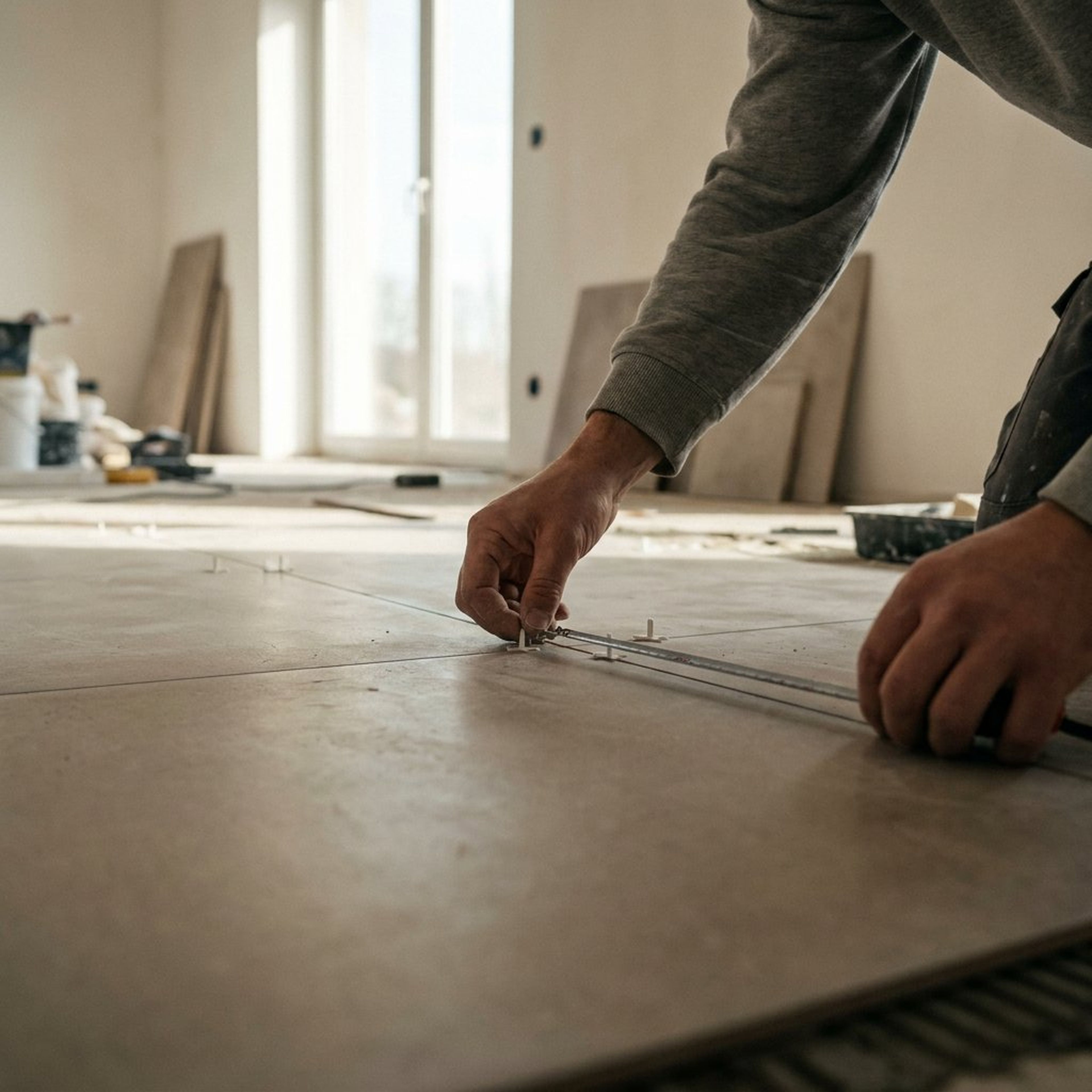 Hoeveel voeg bij 60x60 tegels – close-up van spacers en meting