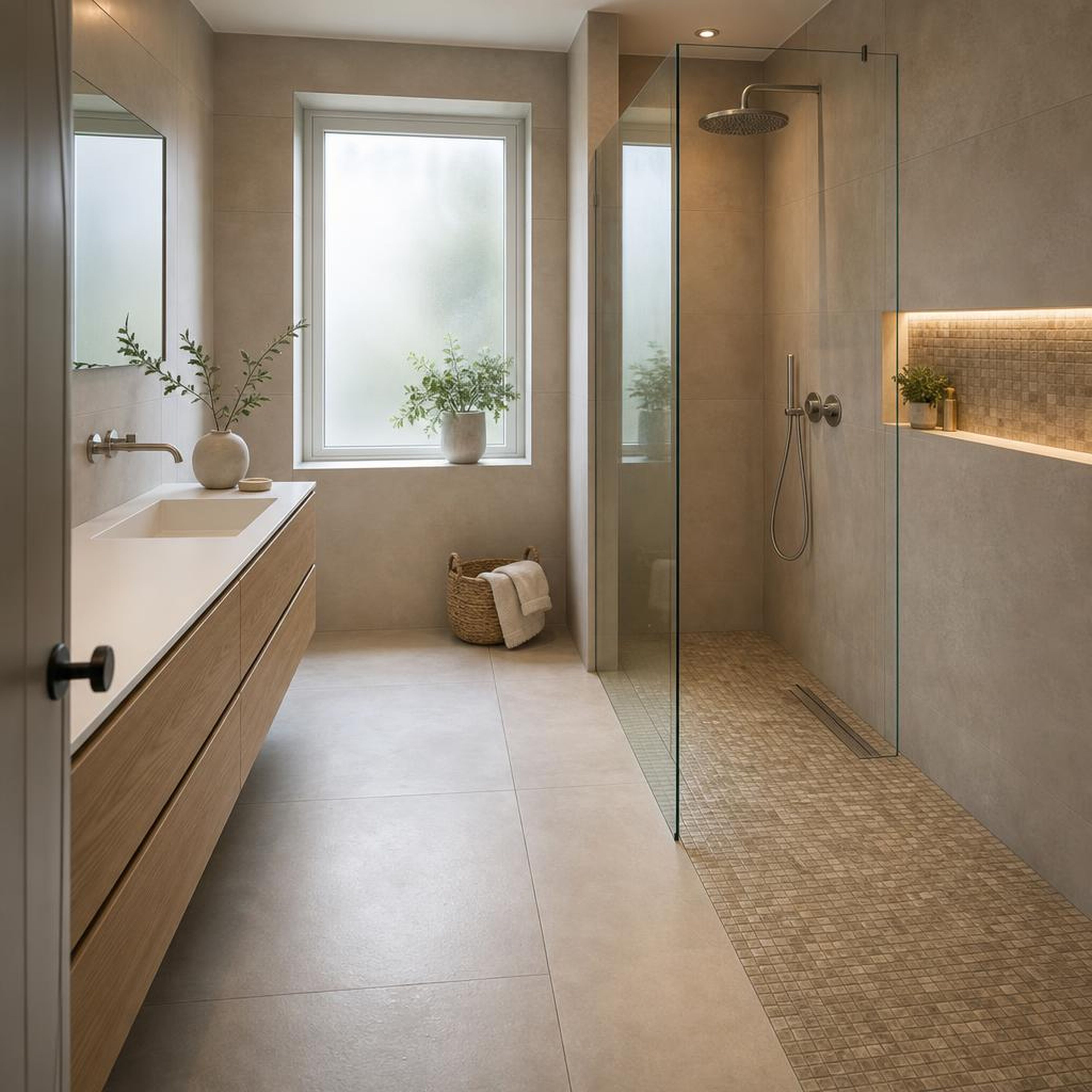 Beste badkamertegels – betonlook vloer en warme wandtegelmix