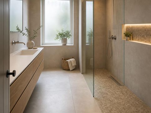 Beste badkamertegels – betonlook vloer en warme wandtegelmix