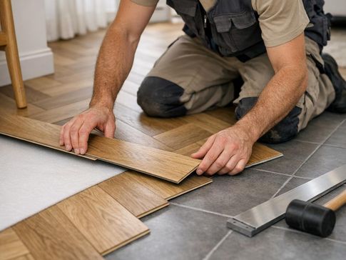 Visgraat PVC over tegels – tijdens plaatsing in lichte woonkamer