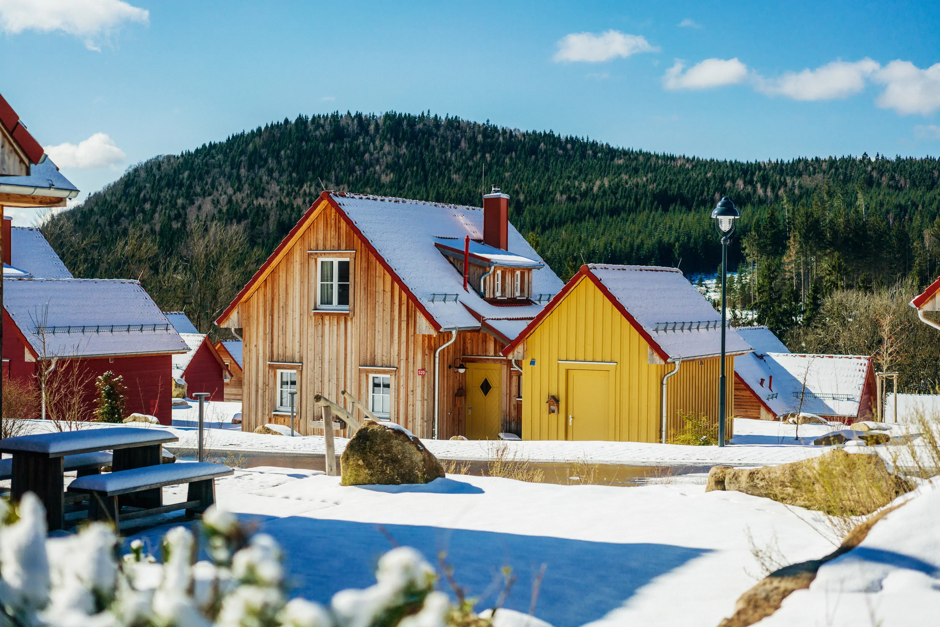 Schneebedeckte Ferienhäuser im Harz mit farbenfrohen Fassaden, eingebettet in eine friedliche Winterlandschaft mit bewaldeten Hügeln unter strahlend blauem Himmel.