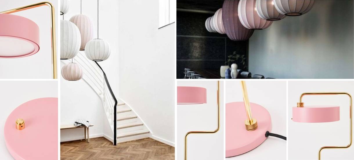 Collage d'images avec des lampes roses et dorées et des lanternes en papier brillantes en blanc et dans des couleurs pastel douces. Présenté dans des intérieurs modernes avec du bois, des détails minimalistes et des solutions d'éclairage élégantes.