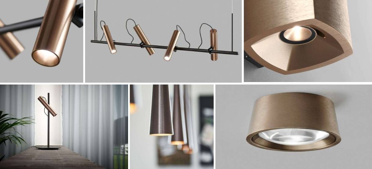 Collage d'images avec des lampes modernes en finition bronze brossé. Présentation de plafonniers, de suspensions et de lampes de table au design minimaliste et aux formes géométriques qui créent un environnement lumineux élégant et stylé.
