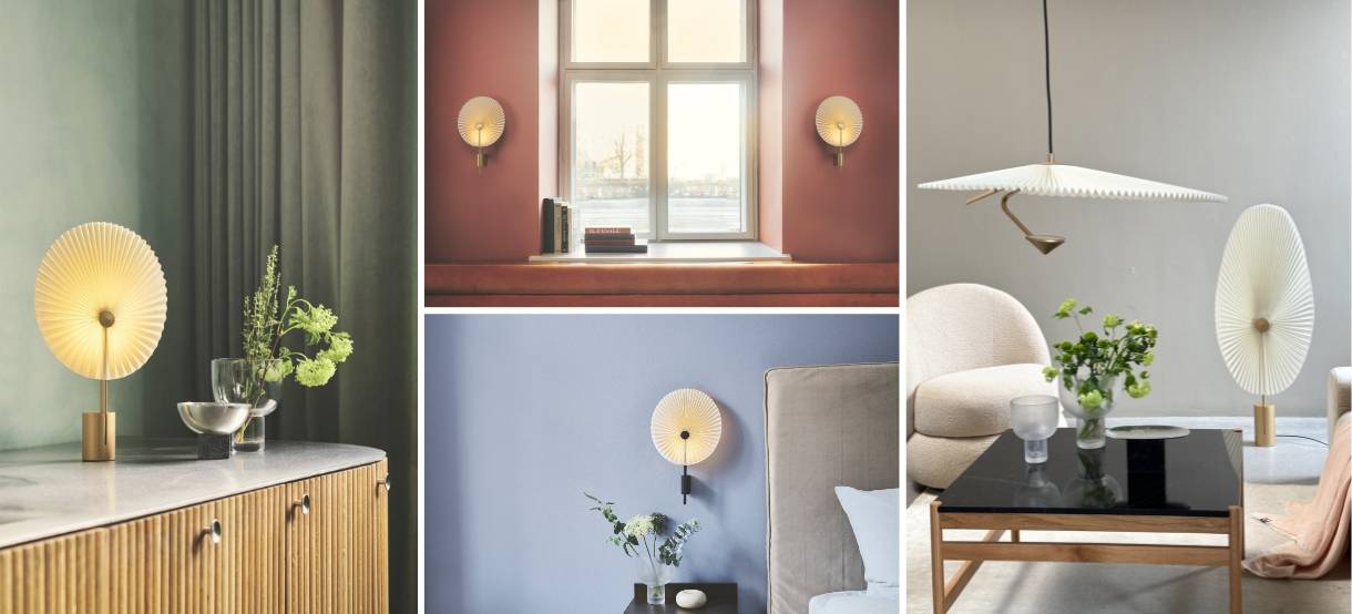 Billedcollage med dekorative lamper i foldet papirdesign. Vist som bordlampe, væglampe og pendel, kombineret med moderne indretning i bløde nuancer og naturlige materialer, skaber et elegant lysmiljø.