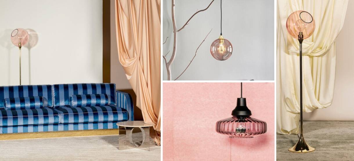 Collage d'images d'élégantes lampes en verre rose, y compris des lampadaires et des pendentifs. Le décor associe des rideaux moelleux, un canapé à rayures bleues et des détails modernes pour créer une atmosphère harmonieuse et élégante.