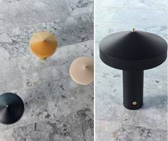 Hatto portable bordlamper i fire farver vises på grå stengulv. De svampeformede, matte lamper kombinerer blødt lys og moderne farver i et kompakt og dekorativt design.