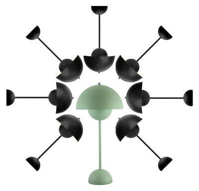 This image shows a collection of Flowerpot table lamps where 7 black ones are gathered around one green flowerpot table lamp like a bouquet