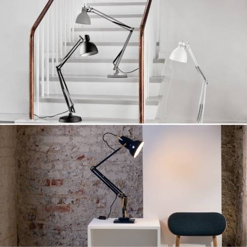 Dieses Bild zeigt drei JJ-Stehlampen und eine JJ-Tischleuchte, die traditionellen architektonischen Lampen ähneln