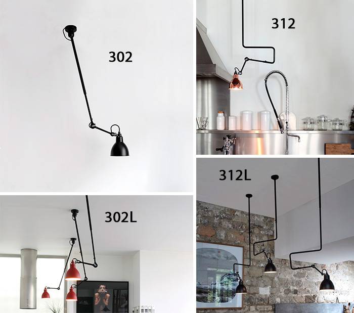 This shows four ceiling lamps from Lampe Gras