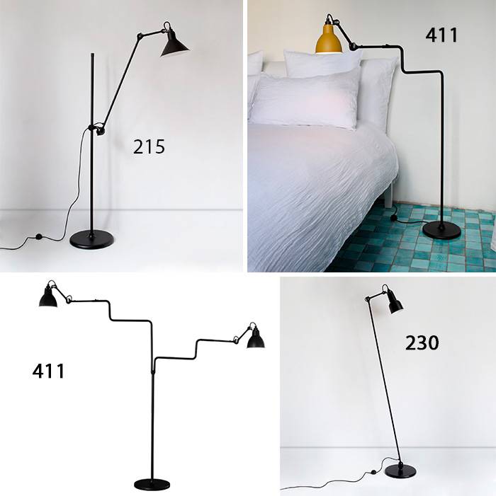 This shows four floor lamps from Lampe Gras
