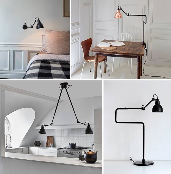 This image shows a wall lamp, a ceiling pendant, a table lamp and a clip-on table lamp