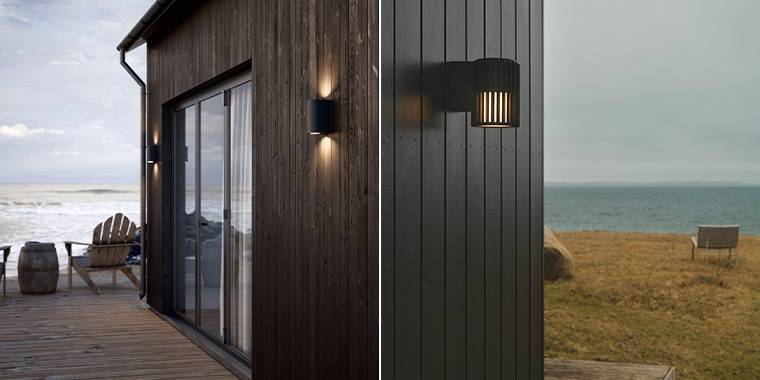 Esta imagem mostra dois candeeiros de parede diferentes resistentes à água do mar da Nordlux