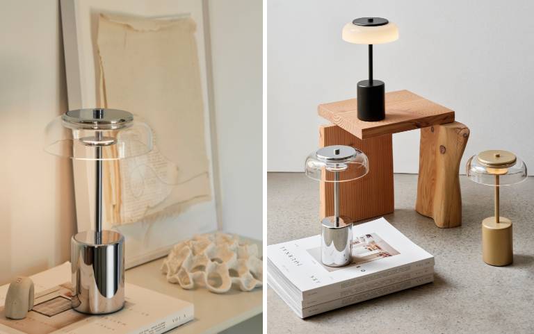 Lampade da tavolo portatili di Nuura con paralume trasparente e base in metallo cromato e dorato, da posizionare in modo decorativo su tavoli e credenze.