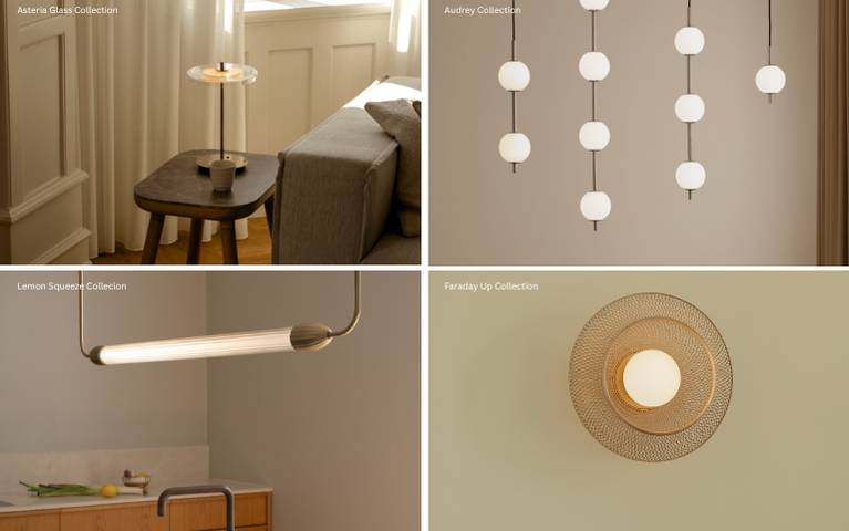 Koláž se čtyřmi novými řadami lamp UMAGE. Nahoře vlevo: Asteria Glass Collection s průhlednou stolní lampou v teplém obývacím pokoji vedle pohovky a stolku. Vpravo nahoře: Kolekce Audrey s několika závěsnými zástěnami z opálového skla ve vertikální formaci. Vlevo dole: Lemon Squeeze Collection je zobrazena jako horizontální závěsné svítidlo s rýhovaným sklem nad kuchyňskou pracovní deskou. Vpravo dole: Kolekce Faraday Up s kulatým nástěnným nebo stropním svítidlem z kovové síťoviny a opálovým sklem uprostřed.