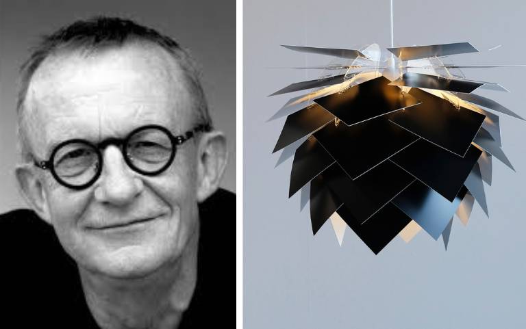 Portrait of a designer next to a striking Dyberg Larsen pendant lamp with a sculptural design.