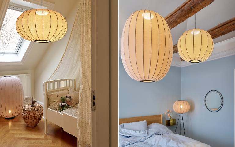 Textile Pendelleuchten mit warmem Licht, sanft inszeniert im ruhigen Schlaf- und Kinderzimmer mit hellen, natürlichen Materialien.